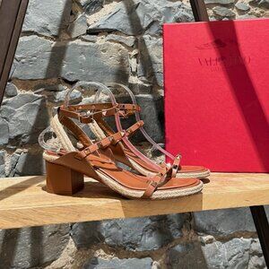 Valentino Brown Ankle Strap Rockstud Espadrille Sandals